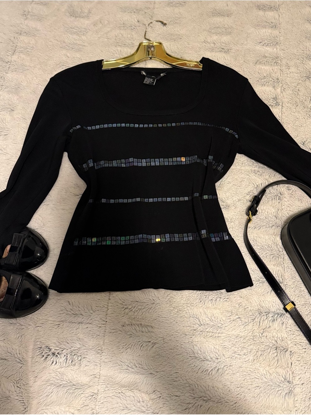 Ann Taylor Navy Long-Sleeve Sequin Stripe Top